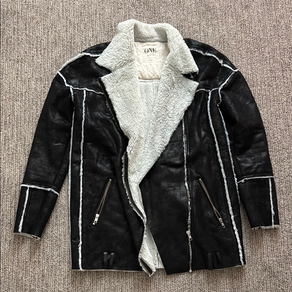 One Teaspoon Black and White Teddy Jacket with faux Sherpa Lining